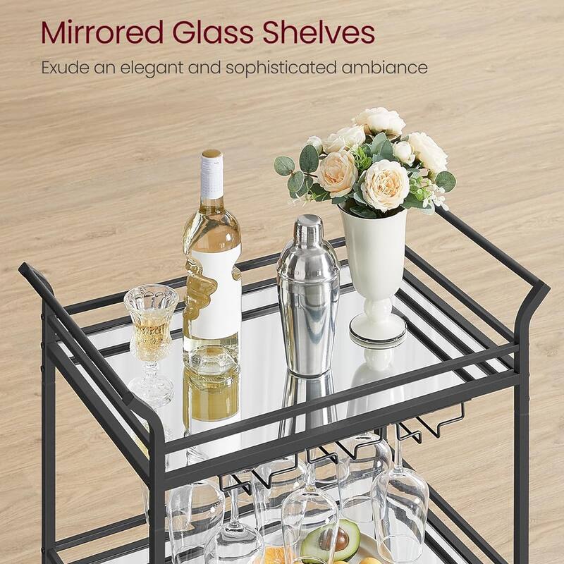 Home Bar Serving Cart with 3-Tier Shelf, Wine Holders, Glass Holders