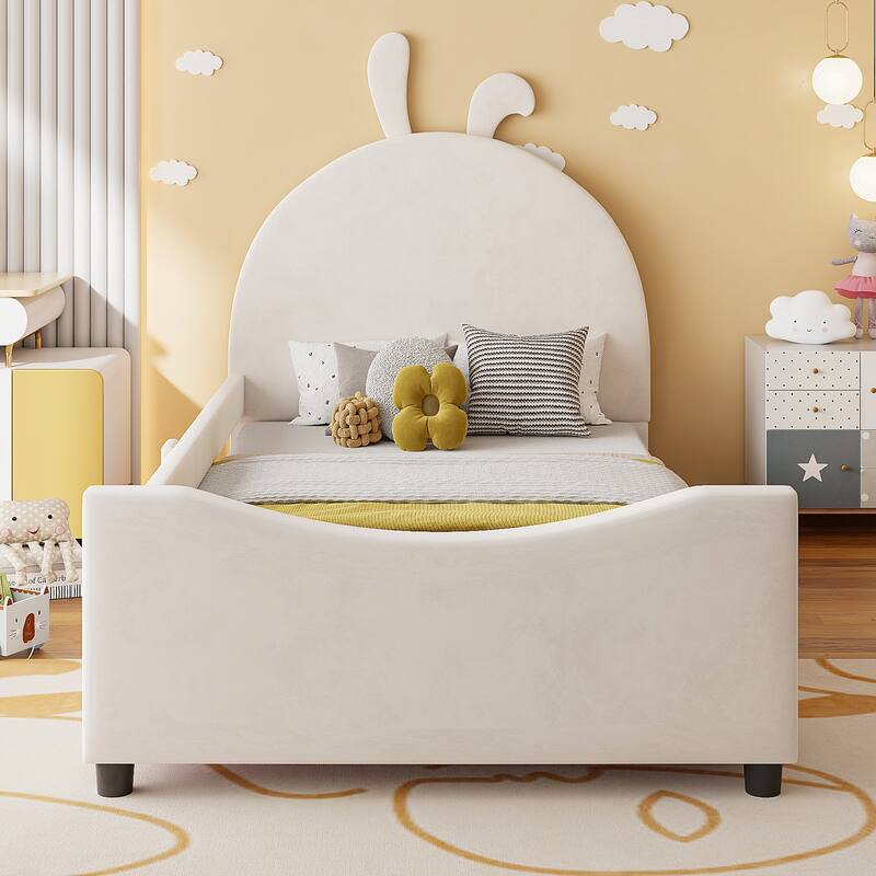 Twin Size Upholstered Daybed with Rabbit Ear Shaped Headboard for Home Office