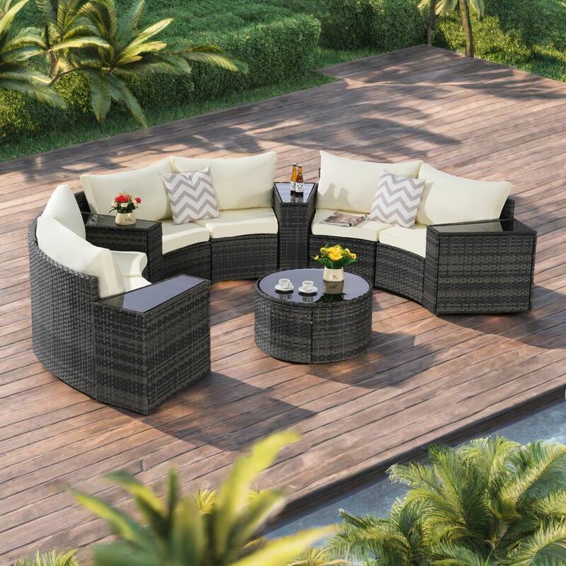 11-Piece Outdoor Half-Round Modular Sectional Sofa Set with Tempered Glass Coffee Table and 4 Side Table - Beige