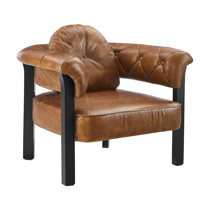 Art Leon Mid-century Top Grain Leather and Wood Accent Chair