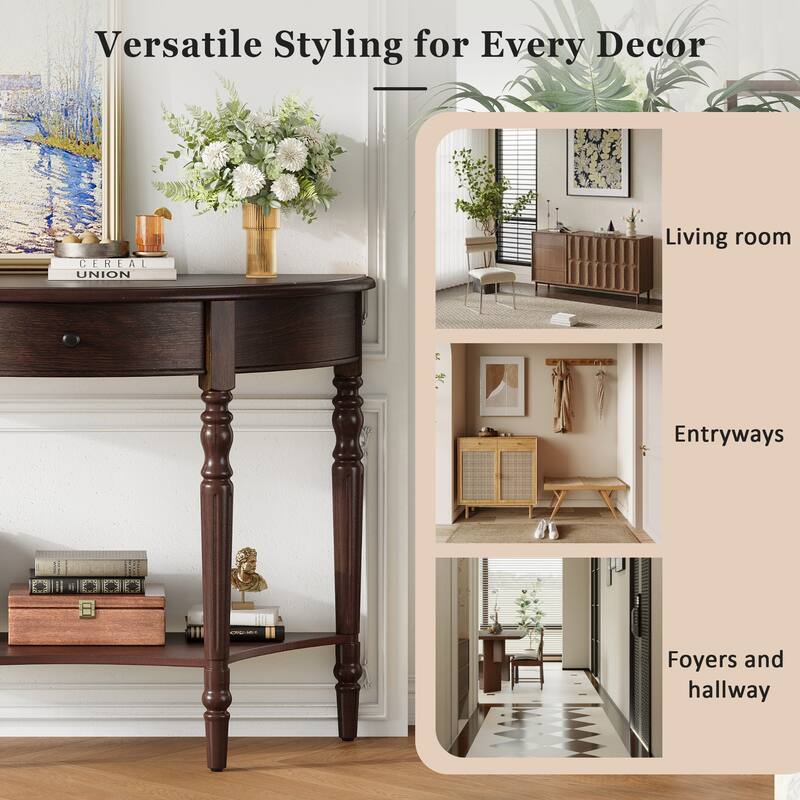 Roomfitters Farmhouse Half Moon Console Table with Shelf, Rustic Accent Sofa Table for Entryway, Living Room, Hallway