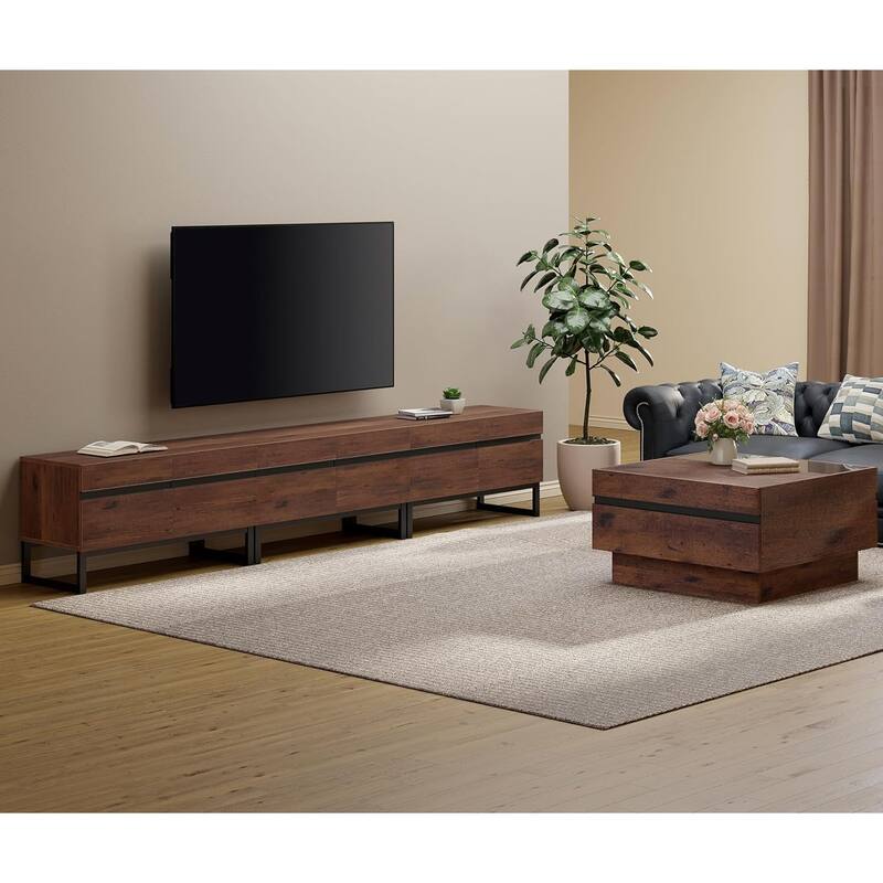 WAMPAT Modern TV Stand and Coffee Table Set of 2, Brown - 4 Piece