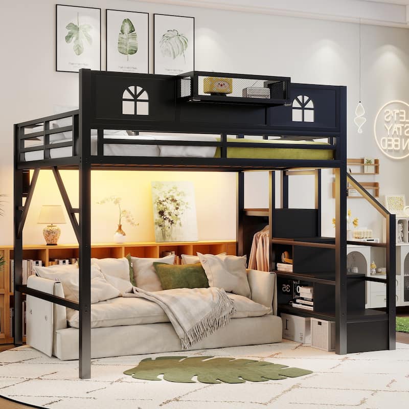 High Loft Bed Frame with Storage Stairs and Wardrobe, Loft Metal Frame Bed with High House Shaped Guardrails for Kid Teens