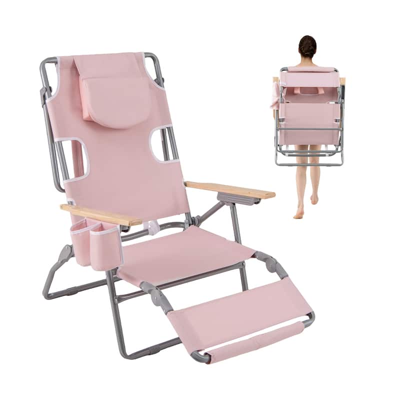 Oxford Cloth Metal Folding Beach Chair with Adjustable Recline and Face Hole - 26" x 40"-53.5" x 38.5"-30.5" - Pink