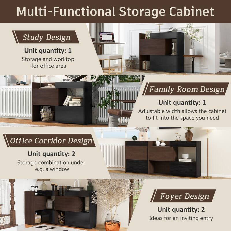 Retractable Corner Bookcase Set of 2 Wood Storage Cabinet, Buffet Sideboard w/ Drawer for Living Room, Entryway, Kitchen, Office