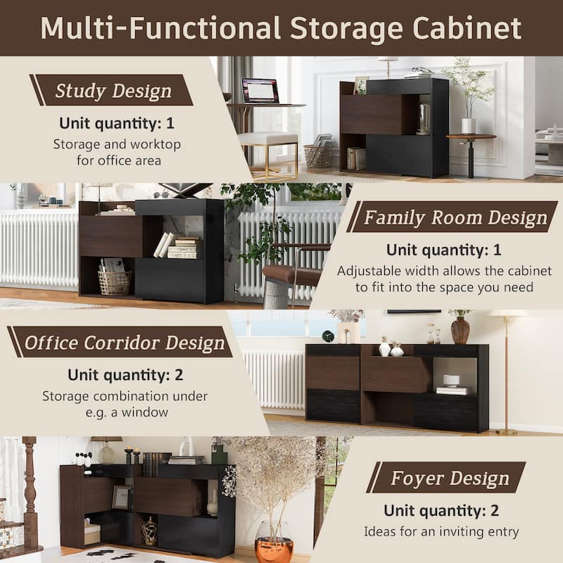 Storage Cabinet with Adjustable Extendable, Buffet Sideboard with Drawer, Two-Tone Design Bookcase Corner Cabinet