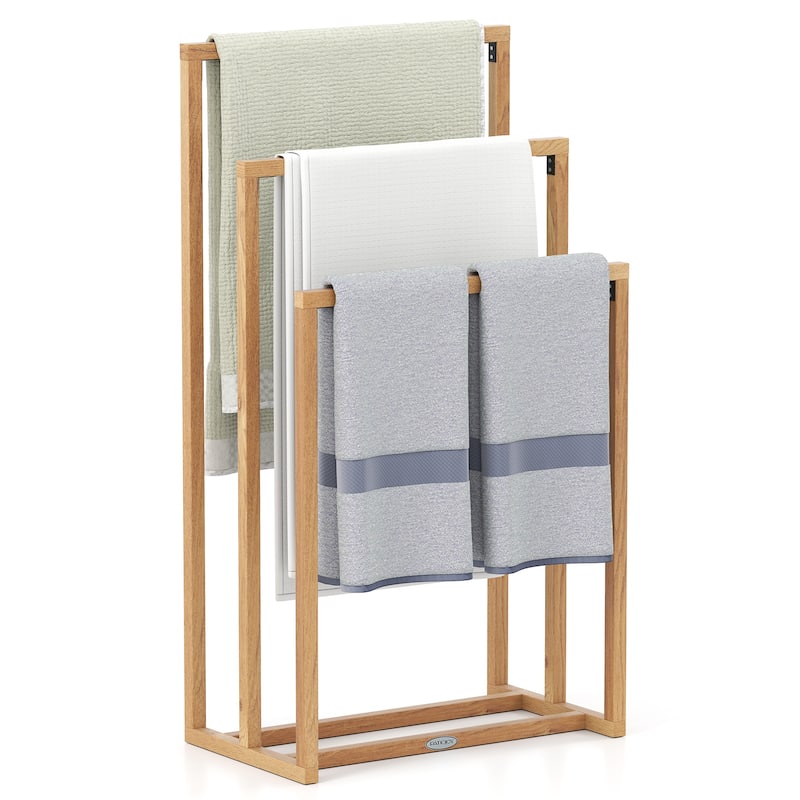 Gymax 3-Tier Freestanding Towel Rack w/ 3 Hanging Crossbars for - Brown - Natural Finish