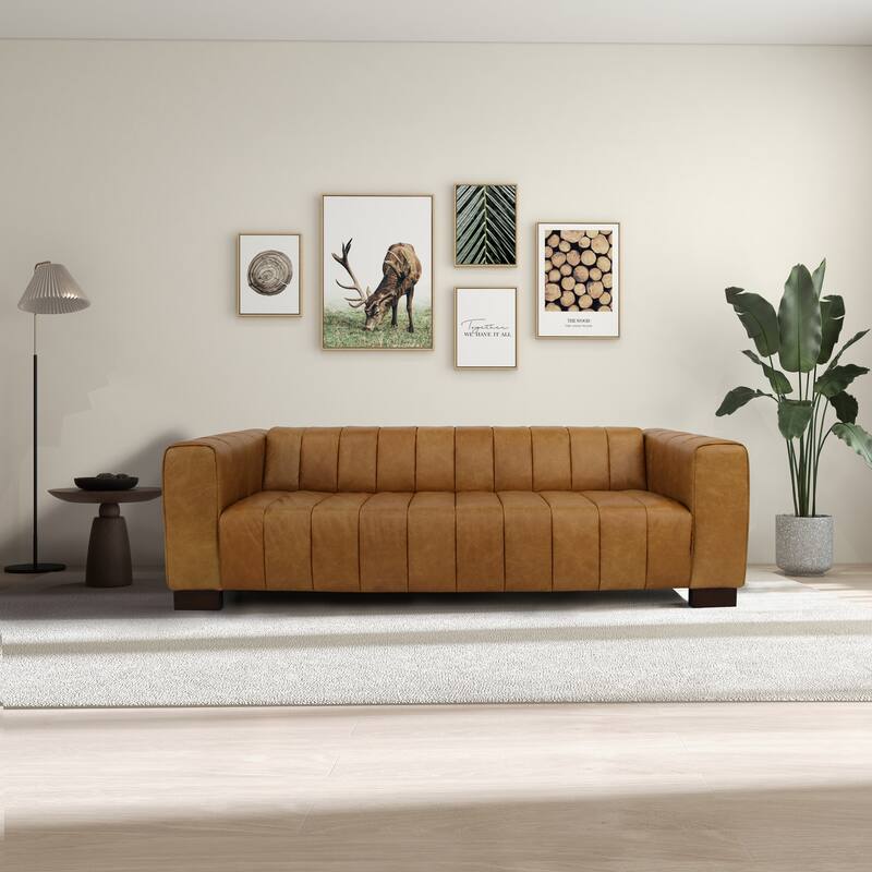 Hazel 93" Wide Mid Century Modern Living Room Leather Couch in Tan