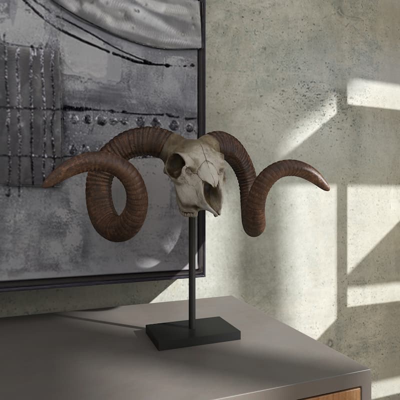 Polystone Ram Skull Decorative Sculpture - Brown - Roche River Decor