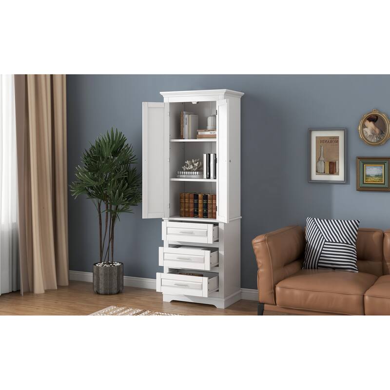 Roomfitters 64" Tall Bathroom Storage Cabinet, Modern MDF Linen Tower with 3 Large Drawers & Adjustable Shelves, White