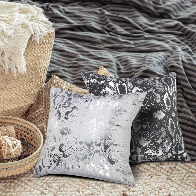 20" White and Silver Metallic Snakeskin Square Throw Pillow