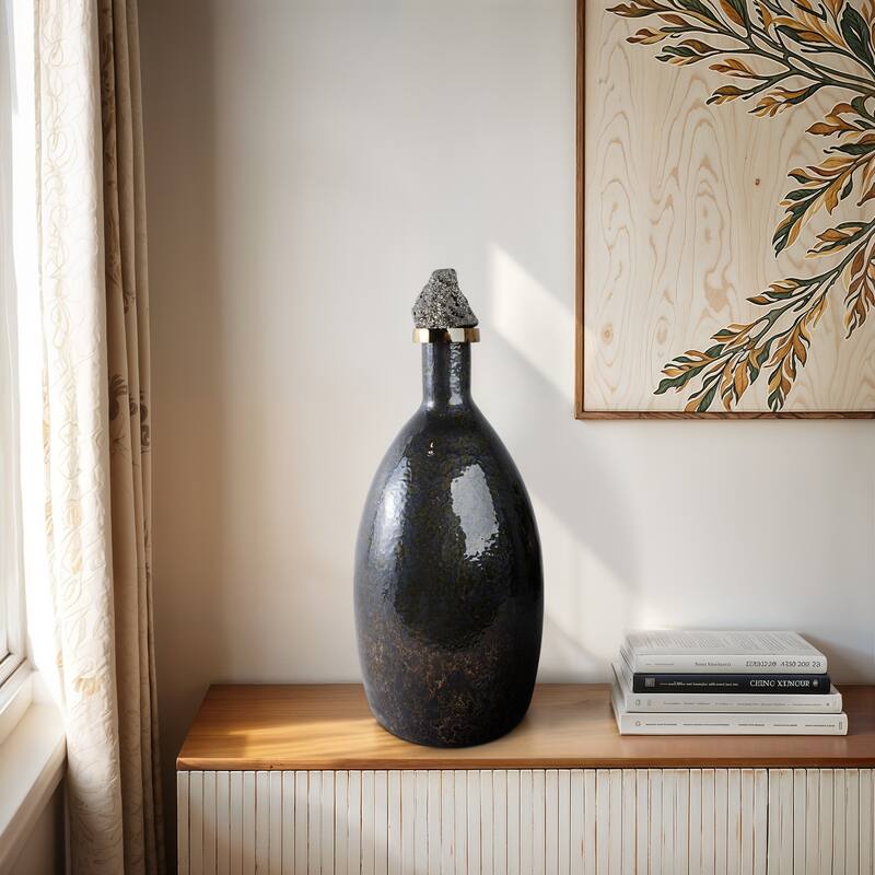 Glass Decorative Vase Metal Brass Accents with Sculptural Topper - 9" x 9" x 20"