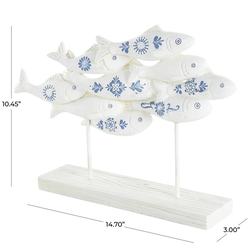 Polystone Fish Decorative Sculpture with Blue Floral Patterns and Stand - White - Roche River Decor