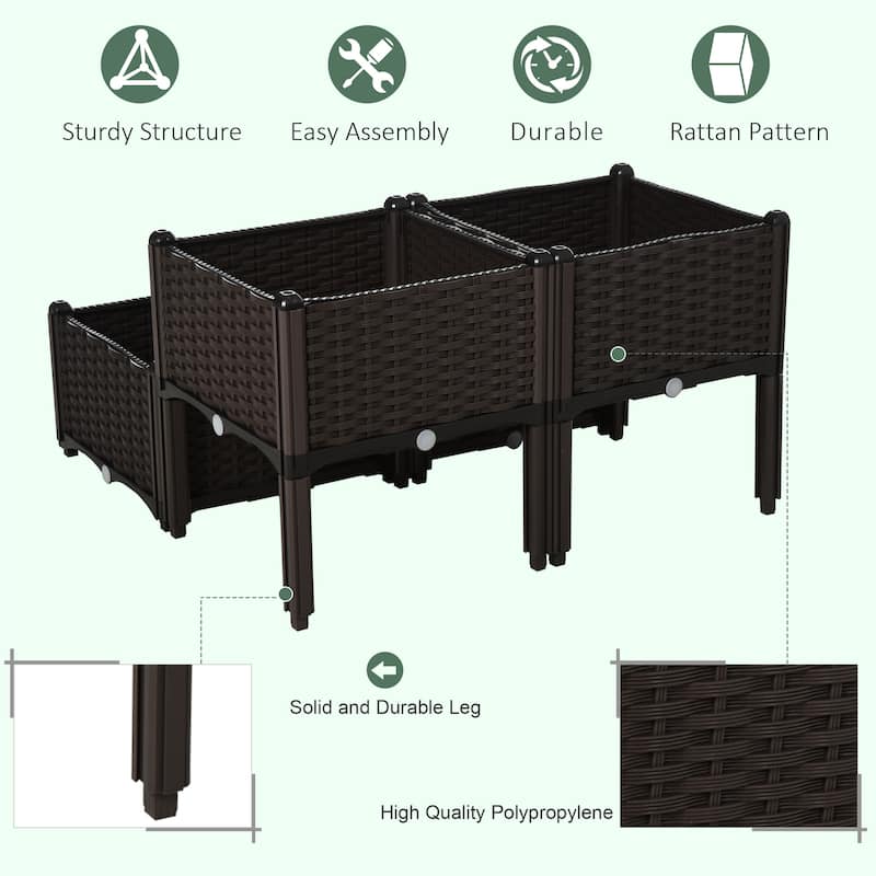 Outsunny 4-Piece Rattan Raised Garden Beds Outdoor Planter Boxes with Different Stacking Arrangements, Self-Watering Design