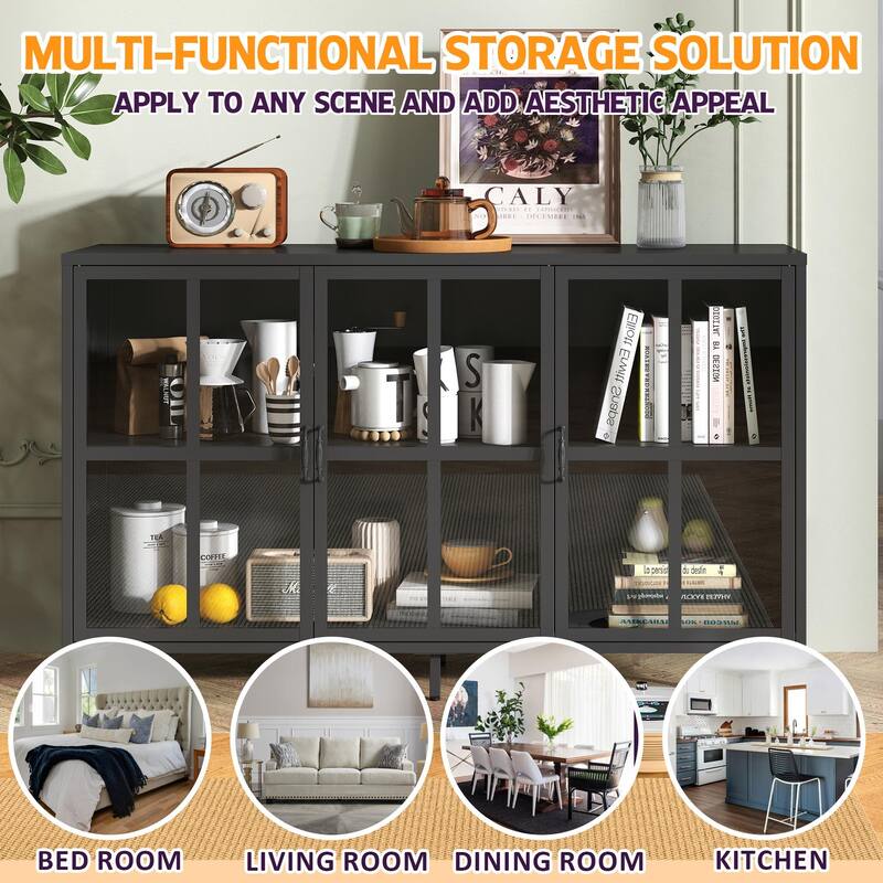 Heavy Duty Metal Modern Sideboard Buffet Cabinet with Storage Premium Steel Storage Cabinet, Adjustable Feet, Glass Doors