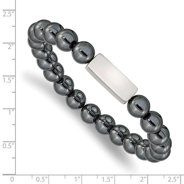 Chisel Stainless Steel Polished ID Plate Hematite Bead Stretch Bracelet