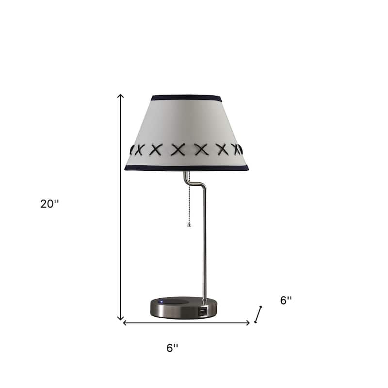 Silver Metal Bedside Lamp with Black Trim Shade and USB Charging Port - 6” x 6” x 20” (D x W x H)