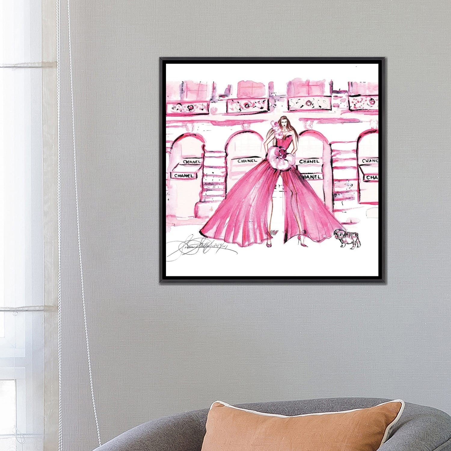 iCanvas Pink Chanel Shop Watercolor by Sonia Stella Framed - Bed