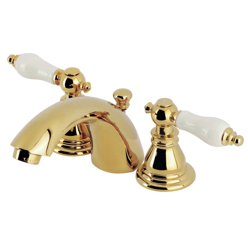 American Patriot Two-Handle 3-Hole Deck Mount Mini-Widespread Bathroom Faucet with Plastic Pop-Up - Polished Brass