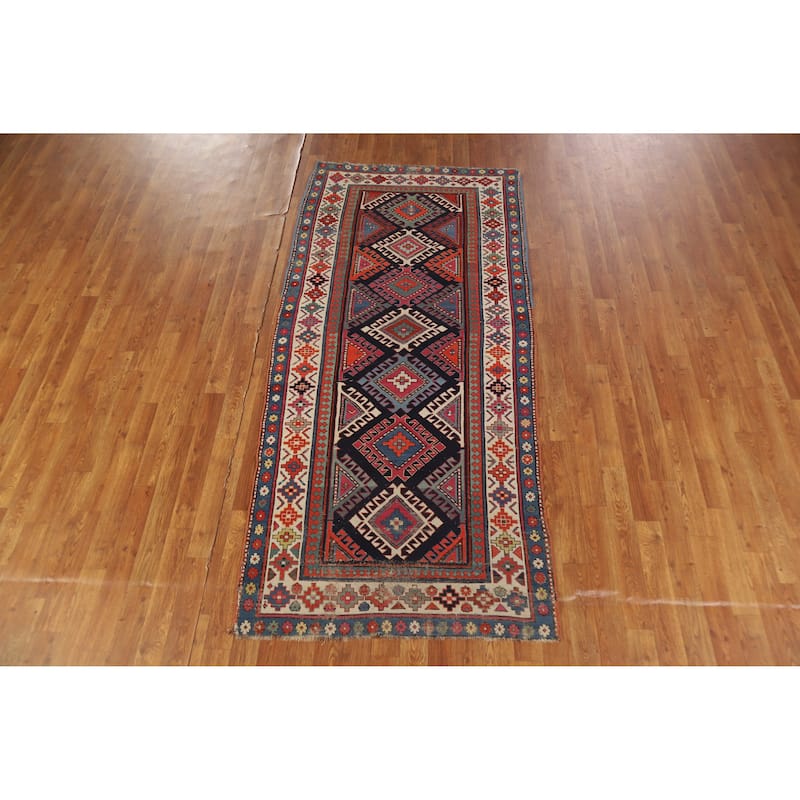 Hand Knotted Oriental 100% Wool Carpet Traditional Geometric Multi-Colored Kazak Runner Rug - 7' 6'' X 3' 4''