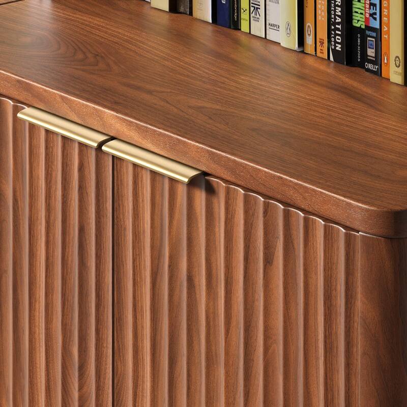 71" Walnut Bookcase with Doors Set of 2, 5 Tier Fluted Tall Bookshelf with Storage