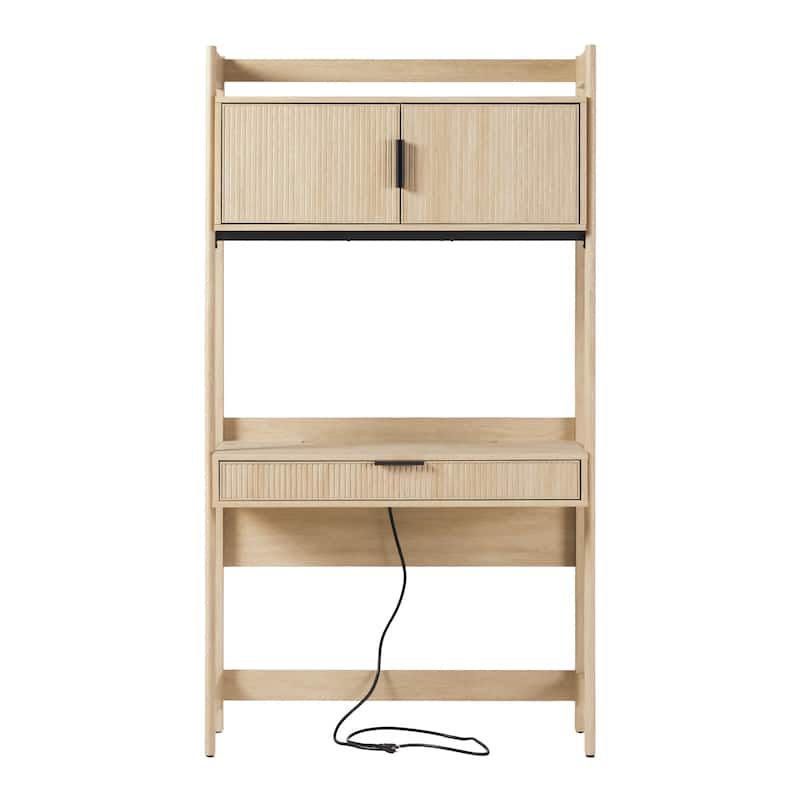 Walker Edison Reeded Desk with Hutch and Outlets