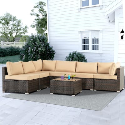 7-piece Brown Patio Wicker Sofa Furniture Set, 6 Sofas, 1 Table
