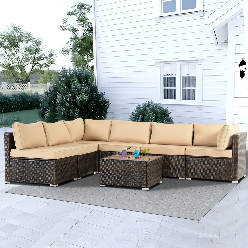 7-piece Brown Patio Wicker Sofa Furniture Set, 6 Sofas, 1 Table