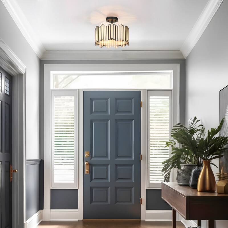 Tirie Mid-Century Modern Black 3-Light Colored Glass Drum Semi Flush Mount Ceiling Light - D 14.2" x H 15.3"