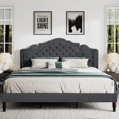 King Bed Frame with Diamond Button Adjustable Headboard, Light Grey