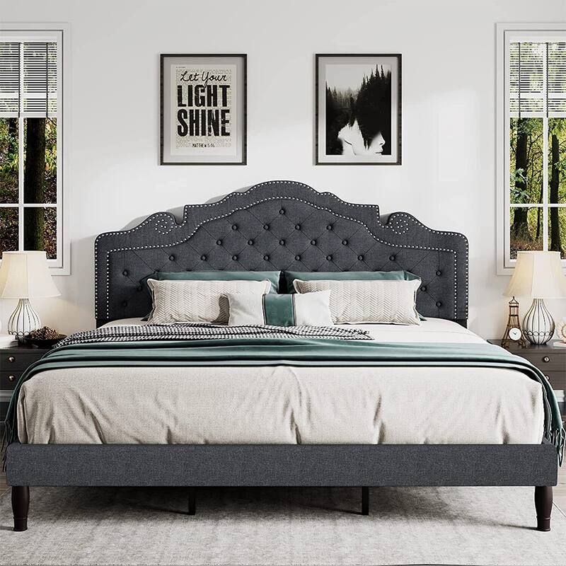 King Bed Frame with Diamond Button Adjustable Headboard, Light Grey