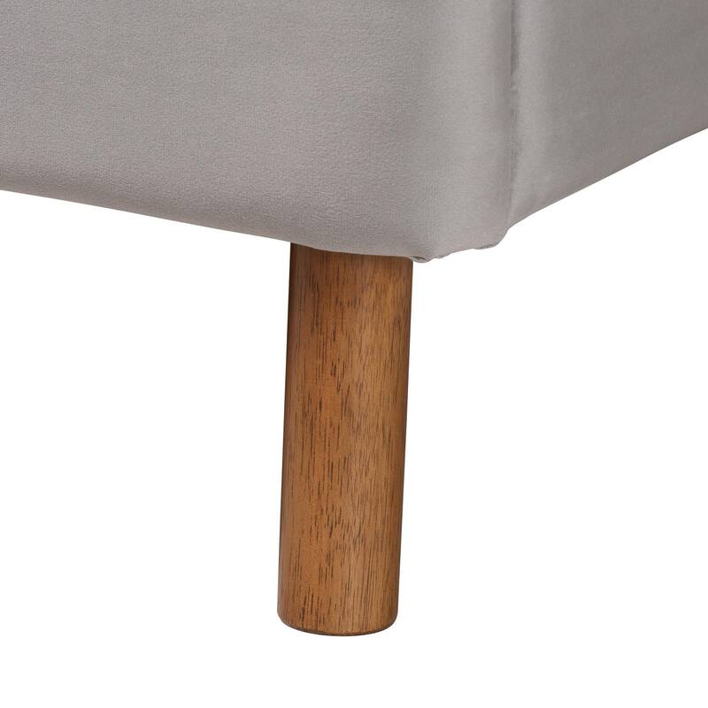 Rosita Mid-Century Modern Transitional Light Grey Velvet Fabric and Walnut Brown Finished Wood Queen Size Platform Bed