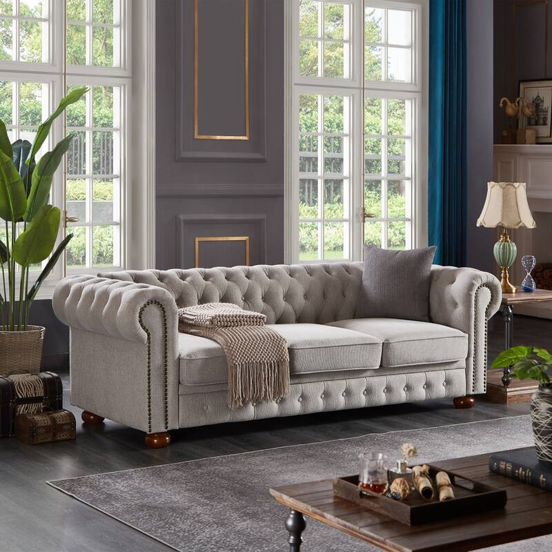 Chesterfield Sofa, 88.5" Upholstered Sofa Couch with Low Back, Roll Arm Nailhead Trim Classic 3 Seater Sofa for Living Room Home