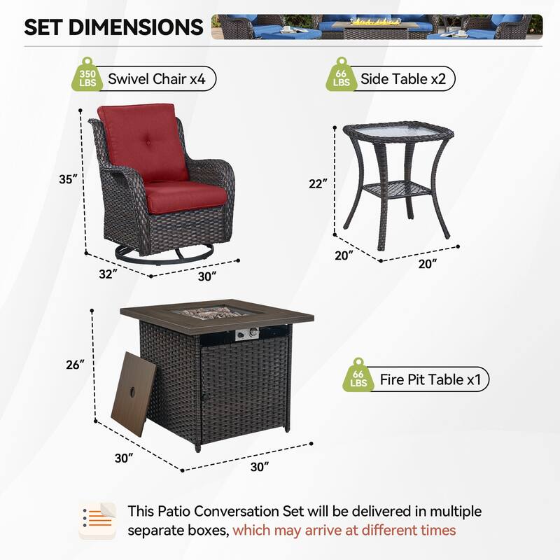 Gymojoy 7-Piece Outdoor Fire Pit Conversation Set with 4 Swivel Chairs & 2 Side Tables