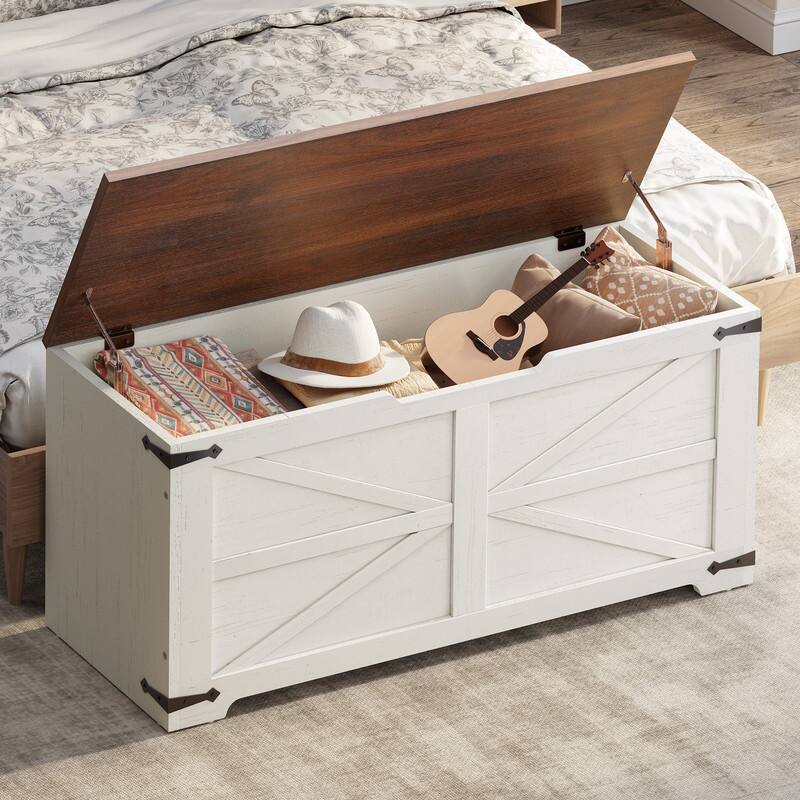 Moasis Farmhouse Storage Chest Storage Bench with 2 Safety Hinges - 39.4" - White&Walnut