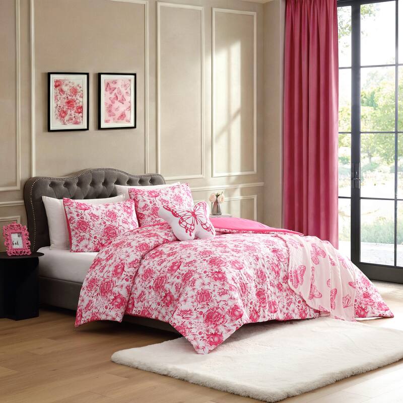 Betsey Johnson Sketch Toile Reversible Pink Comforter Bonus Set
