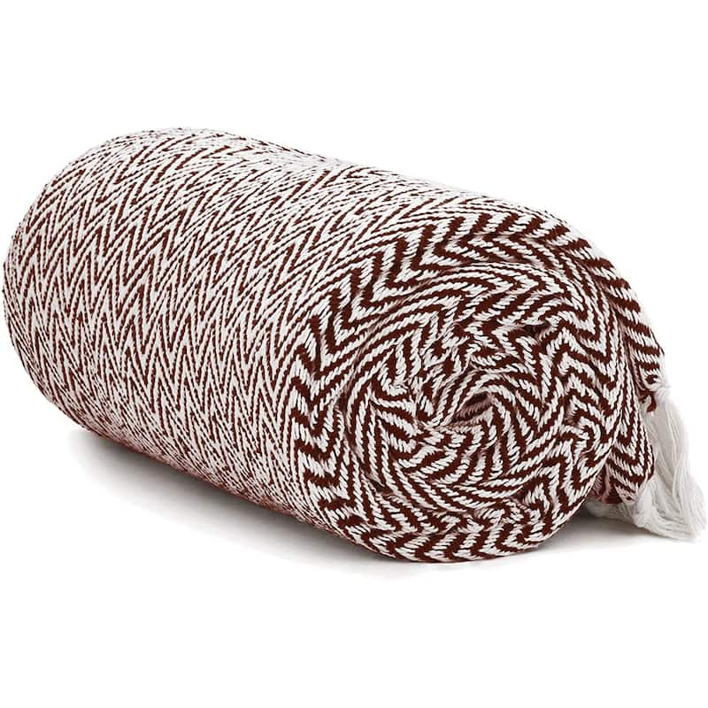 Handwoven Herringbone Cotton Throw Blankets - Rustic Ottoman Throw - Chair Throw Blanket with Fringe- 50"x60"