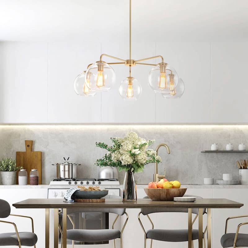 5-Light Modern Linear Sputnik Branch Kitchen Island Light Clear Glass Globe Bubble Chandelier for Dining Room