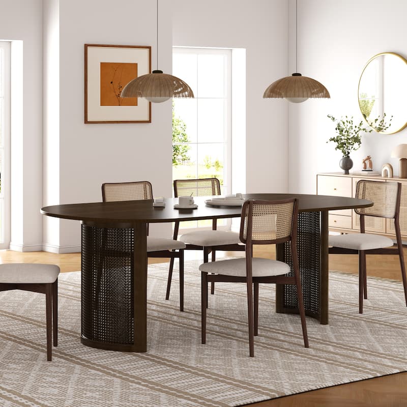 Oval Dining Table with Arc-Shaped Edge Top and Rattan Woven Base Modern Farmhouse Kitchen Table for Living Room Dining Room