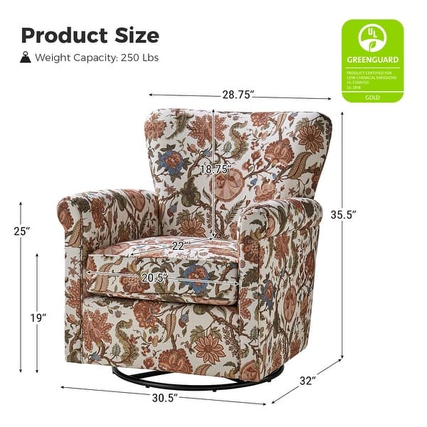 dimension image slide 4 of 6, HULALA HOME Georg Transitional Floral Fabric Swivel Rocker Chair with Removable Backrest and Rolled Armrest Set of 2