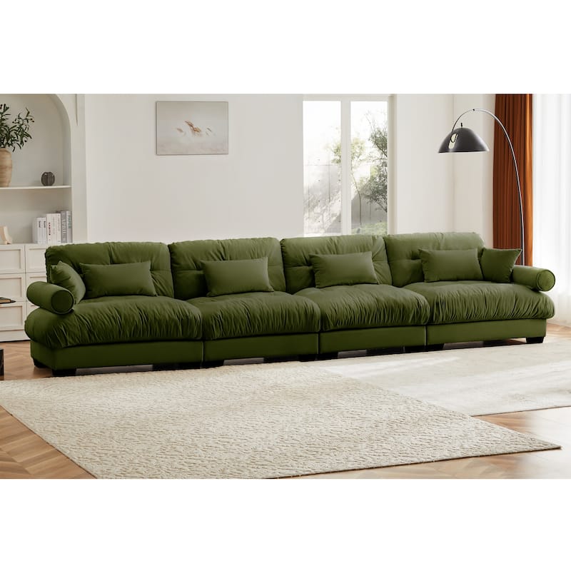 166" Velvet 4-Seater Sofa, Bolster Arms and High-Resilience Cushions