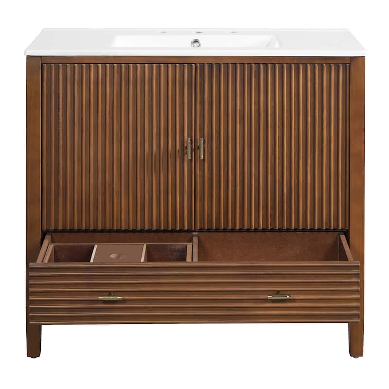 Christopher Knight Home - Mid-Century Freestanding Bathroom Vanity with Ceramic Sink, Flip-Up & Dual Drawers