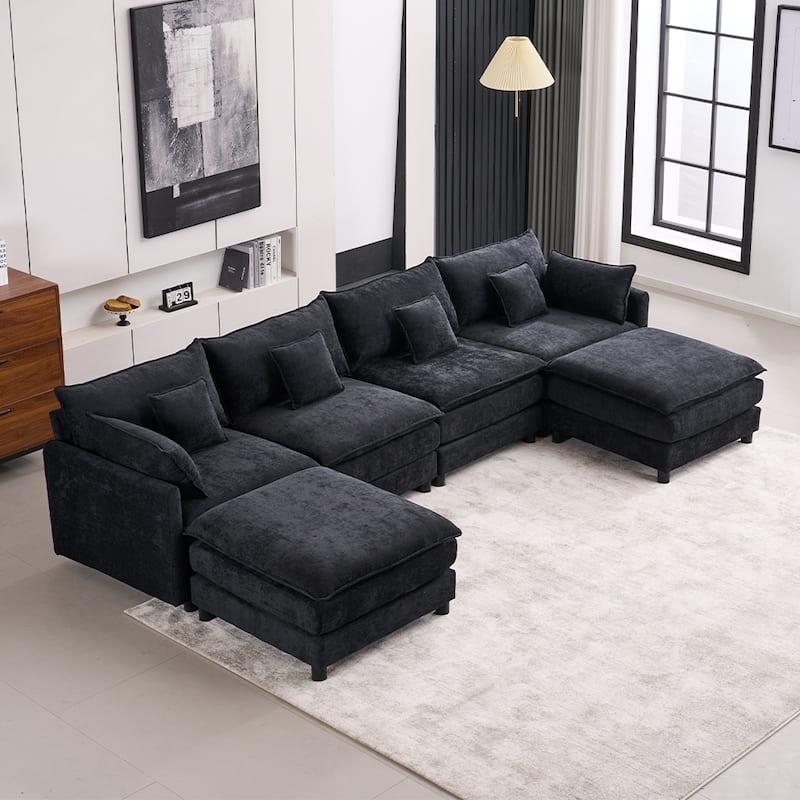 131.89" Chenille U-Shaped Sectional Sofa Bed with Sleeper & Iron Frame Support