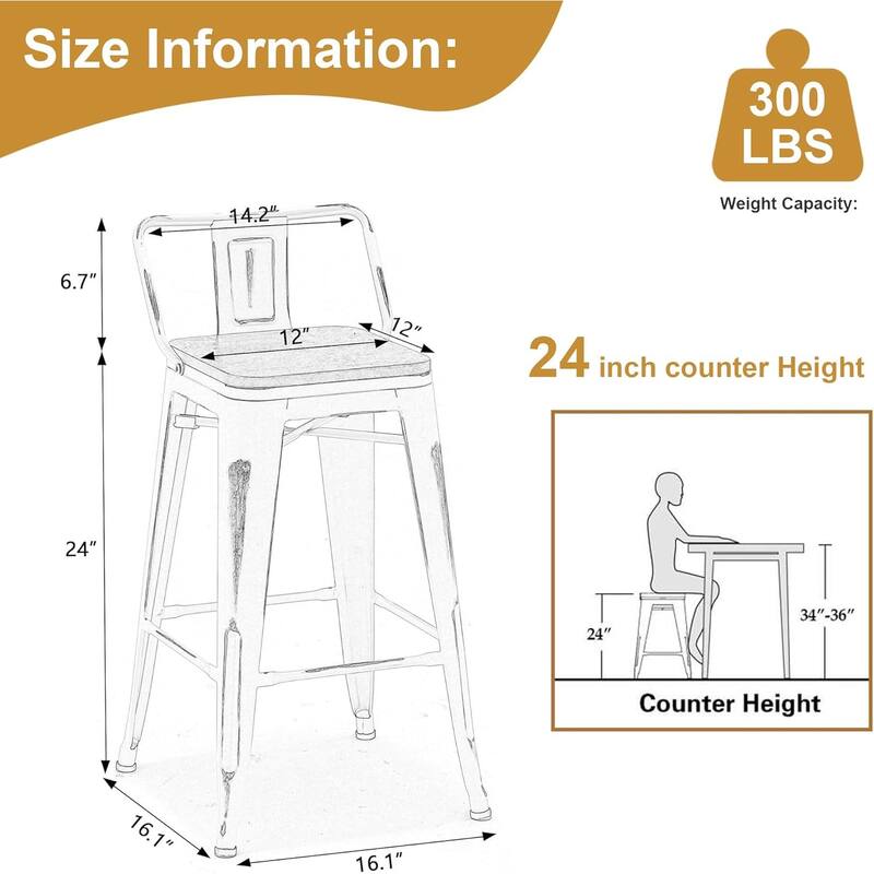 Industrial Style Counter Stools with Metal Frame 24" Kitchen Counter Height Stools with Low Back and Wooden Seat