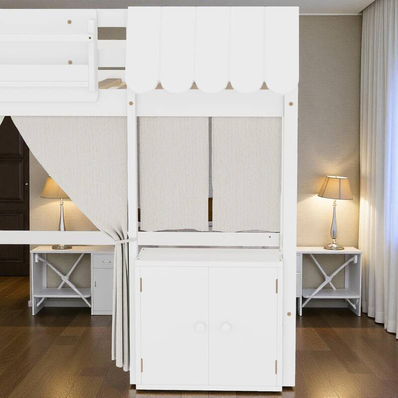 Twin/Full Loft Bed with Bookshelf, Curtain Playhouse, Storage Shelf, Cottage Roof Design and Safety Guardrails for Kids