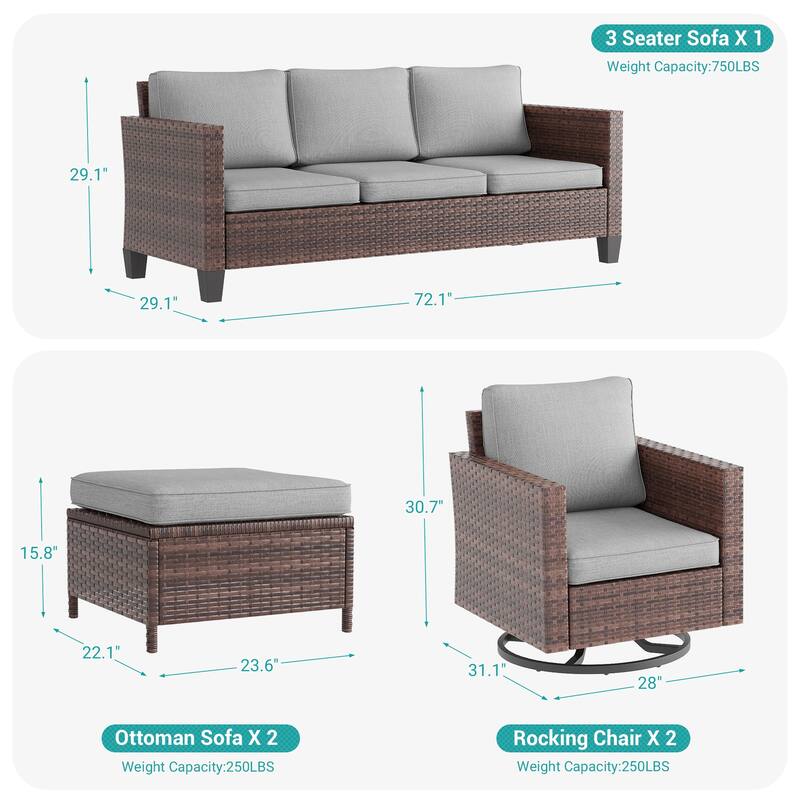 BONOSUKI 5Pcs Patio Furniture Swivel Rocking Sofa Set Brown Rattan