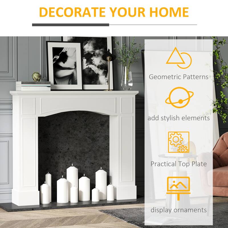Modern White MDF Fireplace Mantel with Decorative Top Board for Living Room Display - 45.25" W x 9.25" D x 39.25" H