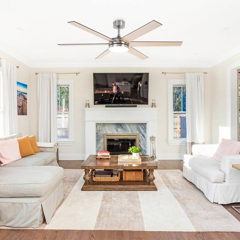 60-in Modern Brushed Nickel Wood Large Remote Indoor Smart Ceiling Fan with Light and APP