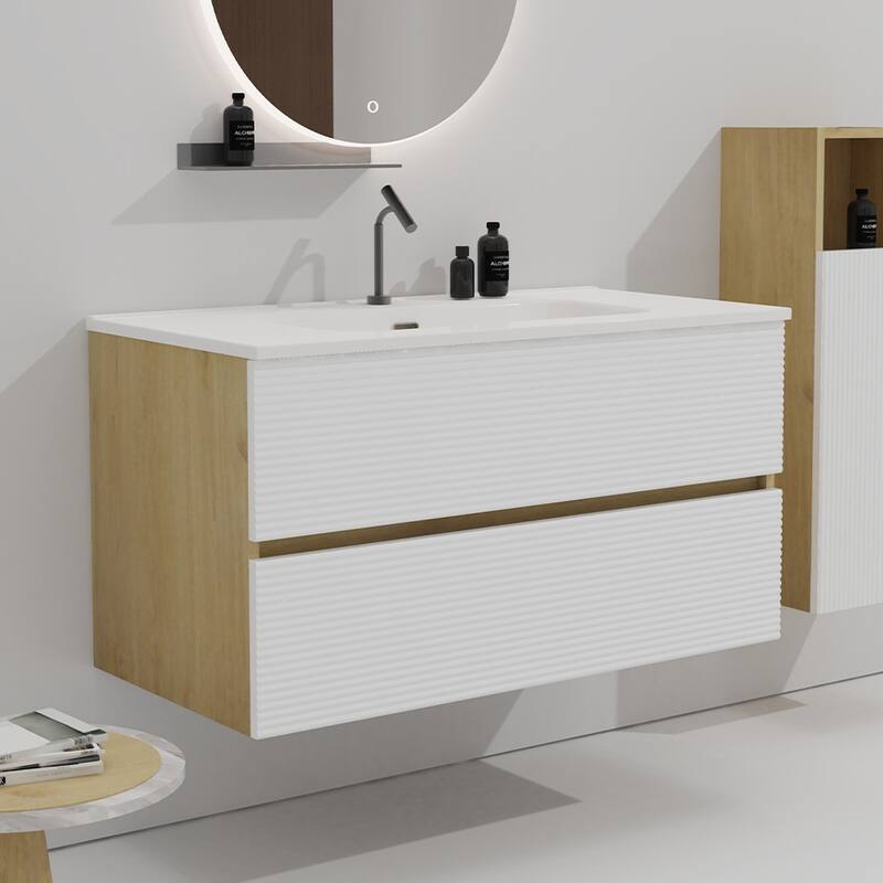 GDFStudio - Gloria Floating Bathroom Vanity with Integrated Ceramic Sink and Soft-Close Storage - White + Light Oak - 36"