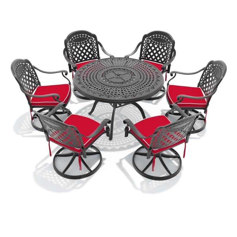 7-Piece Aluminum Round Outdoor Patio Dining Set, 6 Cushioned Swivel Chairs, Table, All-Weather Frames